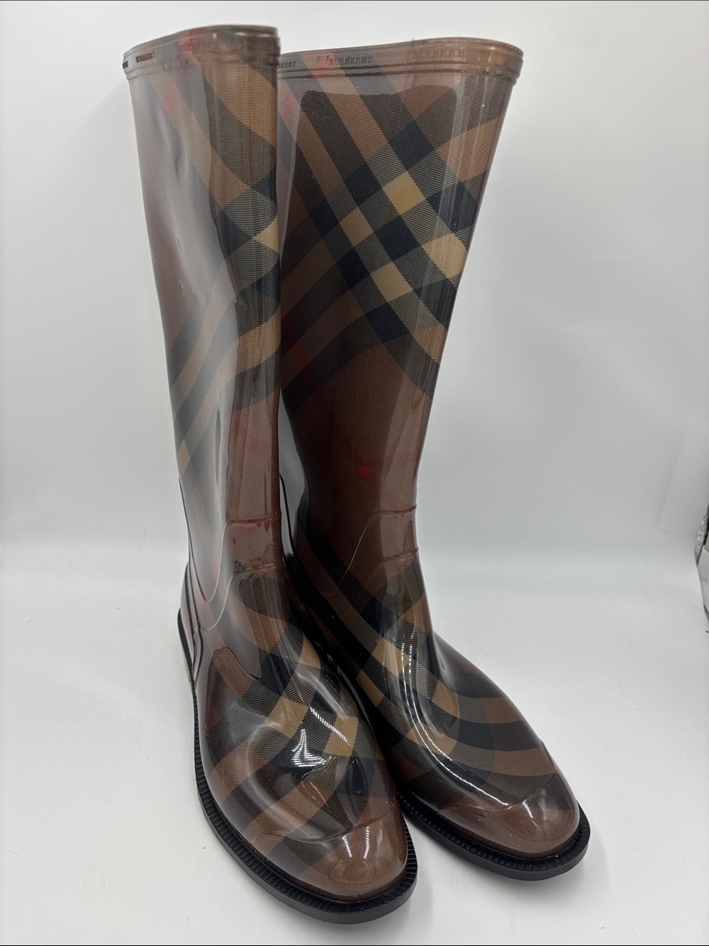 Burberry Brown Plaid Glossy Knee-High Rain Boots